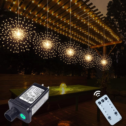 SHUKAN 5 Pcs 1000 LED Plug-in Starburst Sphere Lights, Firework Light 8 Modes Dimmable Remote Control Waterproof Hanging Fairy Light, Copper Wire Lights for Patio Party Tent Christmas (Warm White)