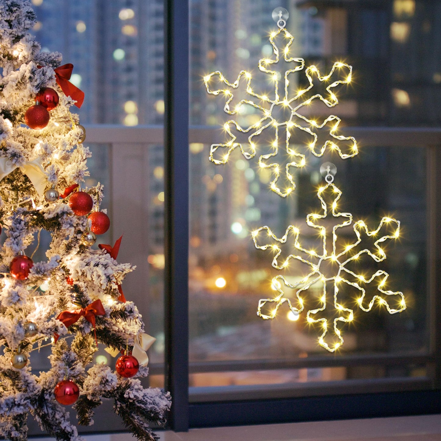 Hiboom 2 Pack Christmas Window Lights, 12 Inch Snowflake Lighted Decorations Wrapped with LED String Lights, 8 Modes Battery Powered Christmas Window Light for Xmas Indoor Decor (Warm White)