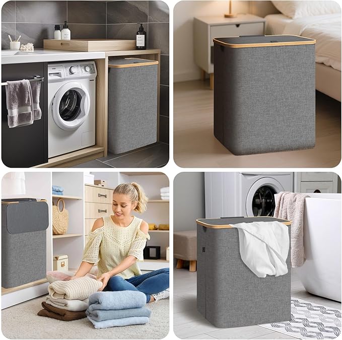 BALEINE Laundry Hamper with Lid, Tall Laundry Baskets with Bamboo Pull Handles