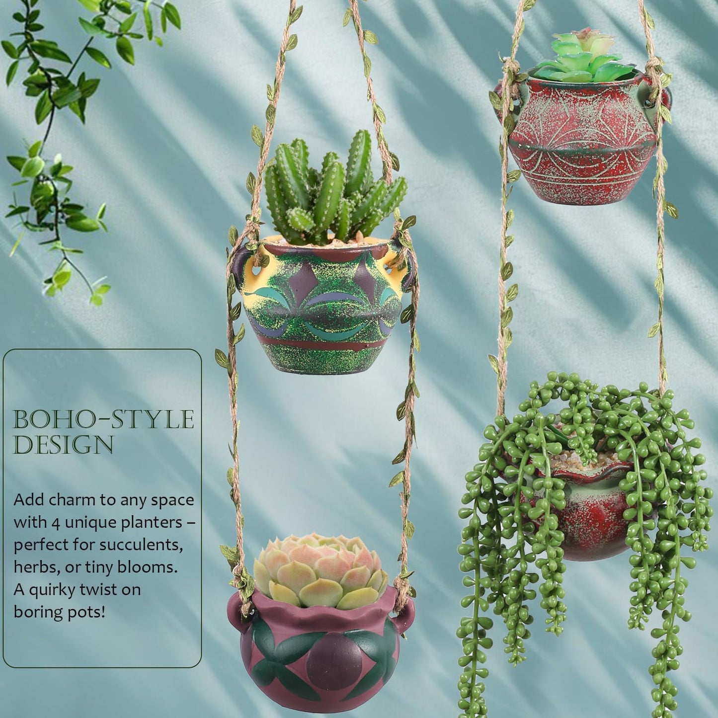 Yuccasly 4 Piece Boho Ceramic Hanging Planters with Drainage Holes – Adorable Indoor Outdoor Succulent Flower Pots, Unique Home Décor, Charming Small Planters for Plants