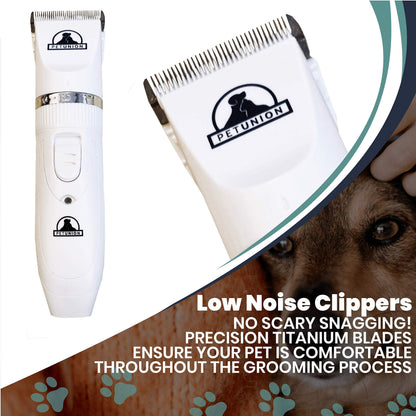 Pet Union Professional Dog Grooming Kit - Rechargeable, Cordless Pet Grooming Clippers & Complete Set of Dog Grooming Tools. Low Noise & Suitable for Dogs, Cats and Other Pets (White)