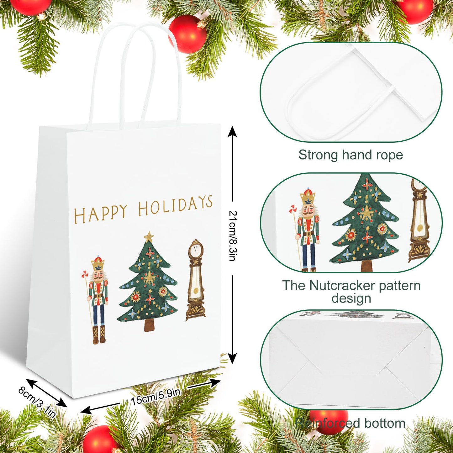 AnyDesign 18Pcs Nutcracker Gift Bags with Handle Watercolor Nutcracker Paper Bag Christmas Paper Gift Bags Xmas Treat Candy Goodie Bag for Xmas Party Favor Wedding Birthday, 5.9 x 8.3 x 3.1 Inch
