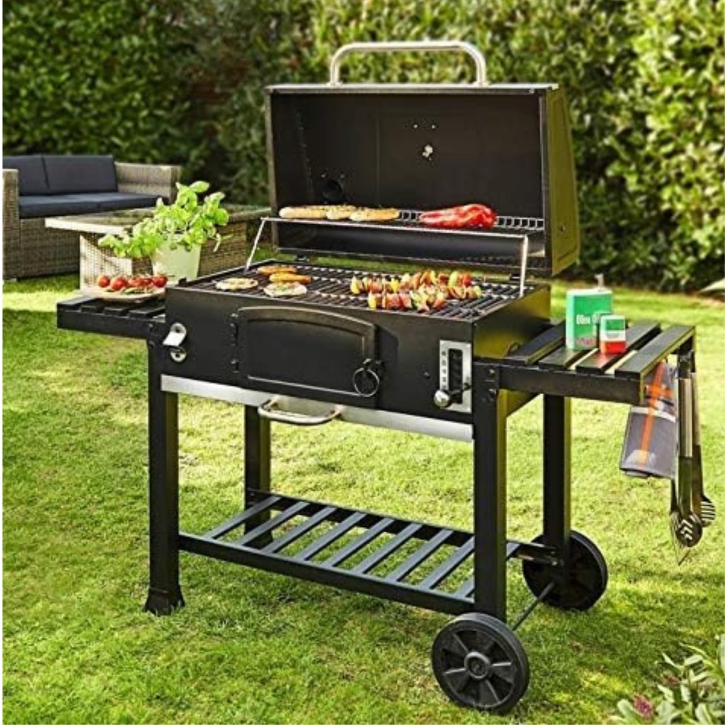 CosmoGrill Outdoor XXL Smoker Barbecue Charcoal Portable BBQ Grill | Lid Cover, Adjustable Charcoal Pan, Warming Rack & Built-in Thermometer | Extra Large Coal BBQ Smoker for Home Garden Party Cooking