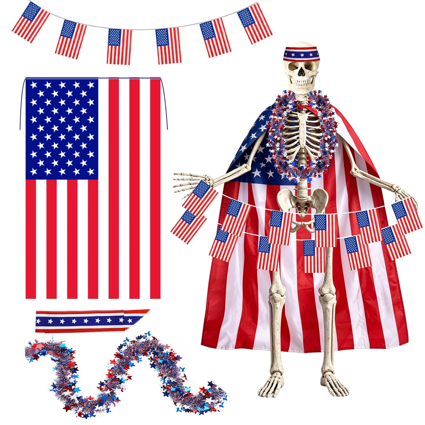 DECYOOL 4th of July 12ft Skeleton Cloth Set USA Flag Costume Patriotic Skeleton Outfits Accessories Cape Headband Balloon Scarf Flag Banner for Garden Lawn Patio Independence Day Decor