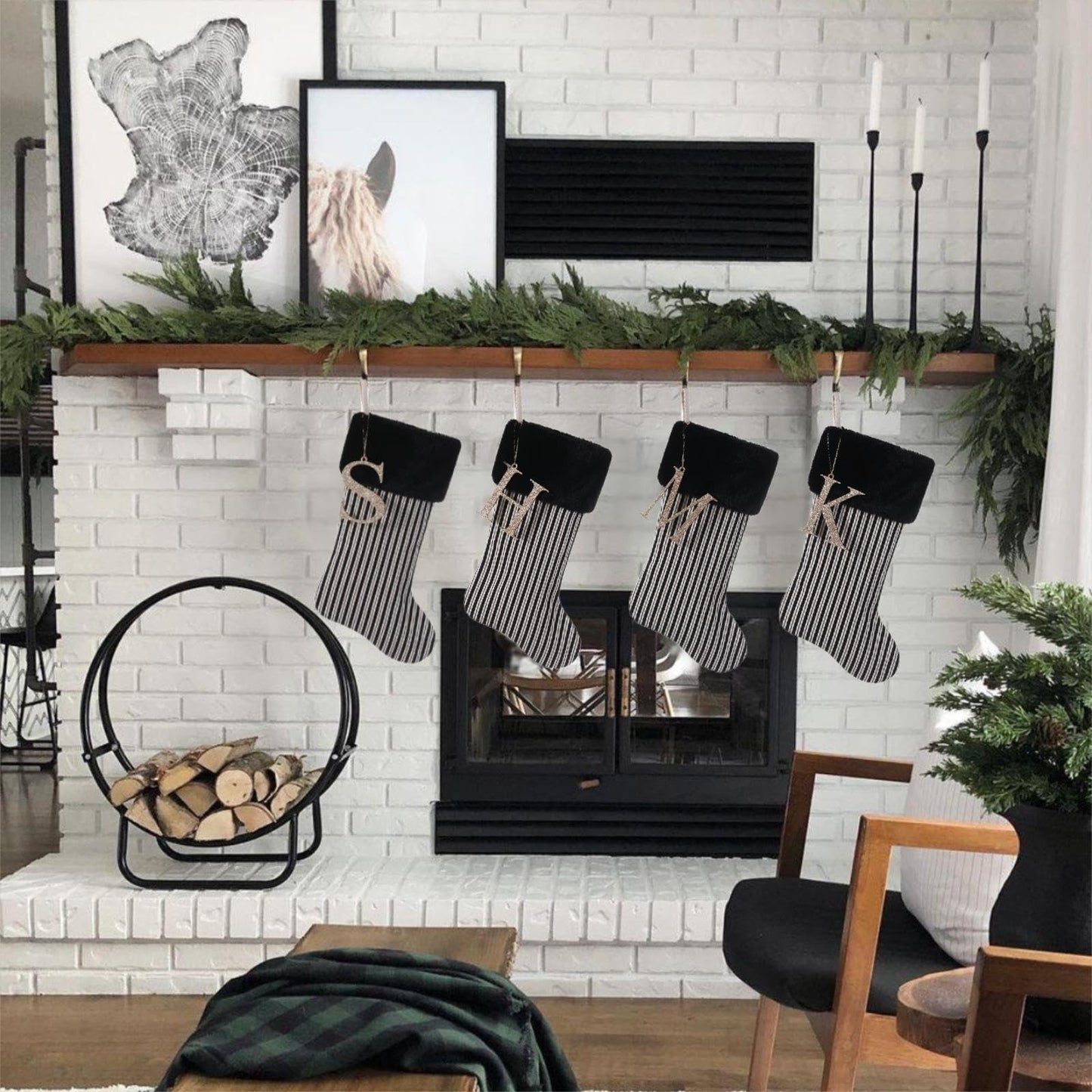 JKSVE 20 Inch Black Vertical Stripe Christmas Stocking, Personalized Gold Wooden Initial Monogram Christmas Stocking,Christmas＆Halloween Holiday Party Decor（I）