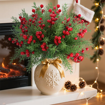ICEROYCE 4 Bundles 140 Pcs Artificial Christmas Flowers with Red Berry Stems, Fake Norfolk Pine Garland Branches for Winter Decor, Faux Christmas Garland Tree Picks and DIY Crafts (Pine Foliage)