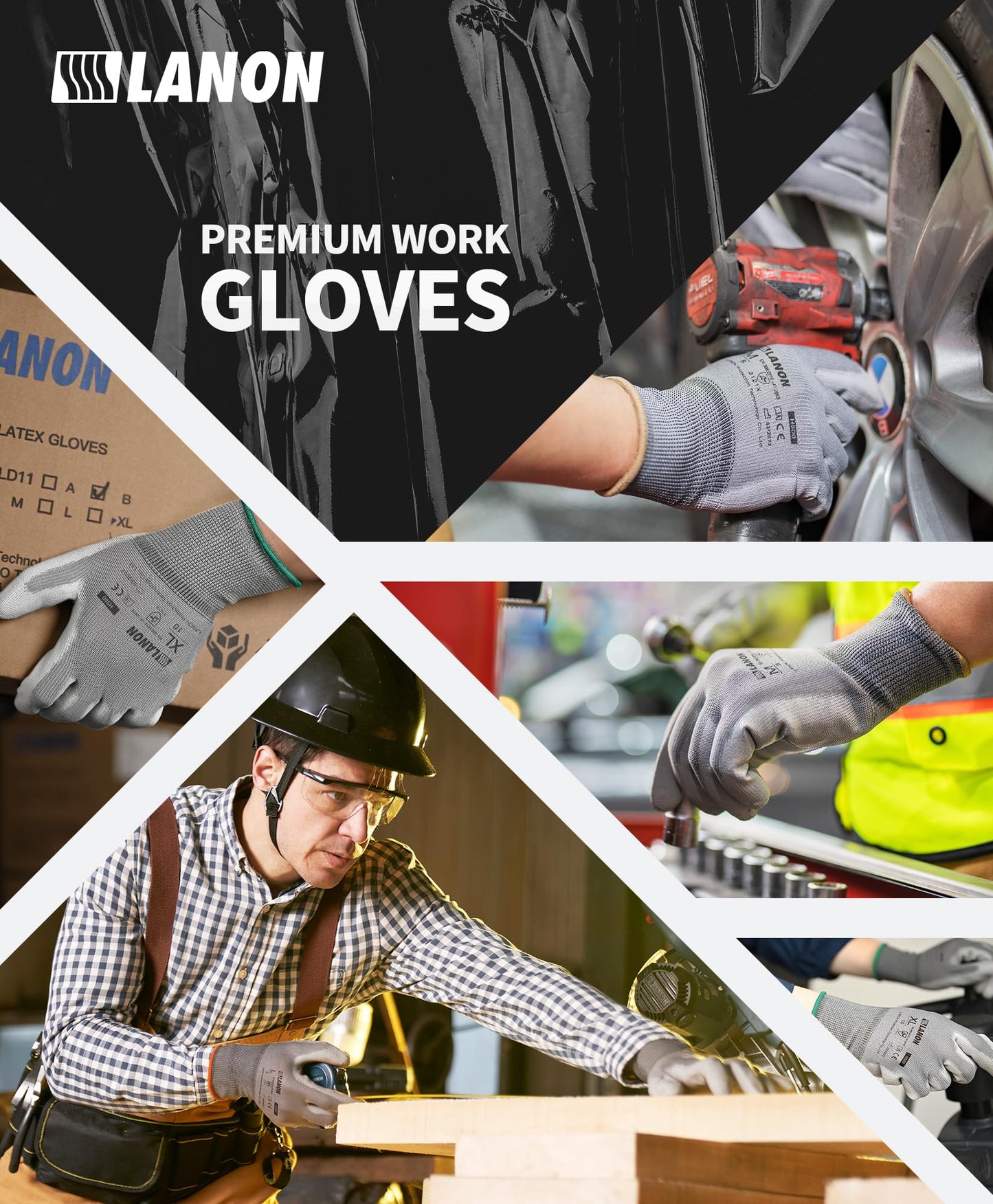 LANON 12 Pairs Grey Safety Work Gloves, PU Coated, Multipurpose Working Gloves for Men, Seamless Knit, Power Grip, EN 388, M/8