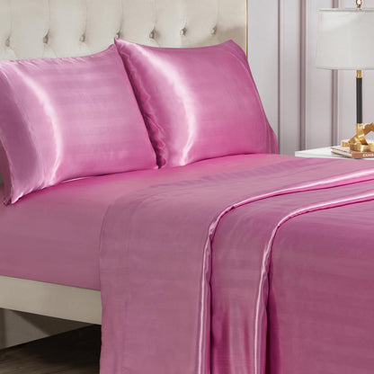Juicy Couture Silky Satin Damask Sheet Set - Luxury Pink Bedding - Smooth Striped Sheets - Full Size
