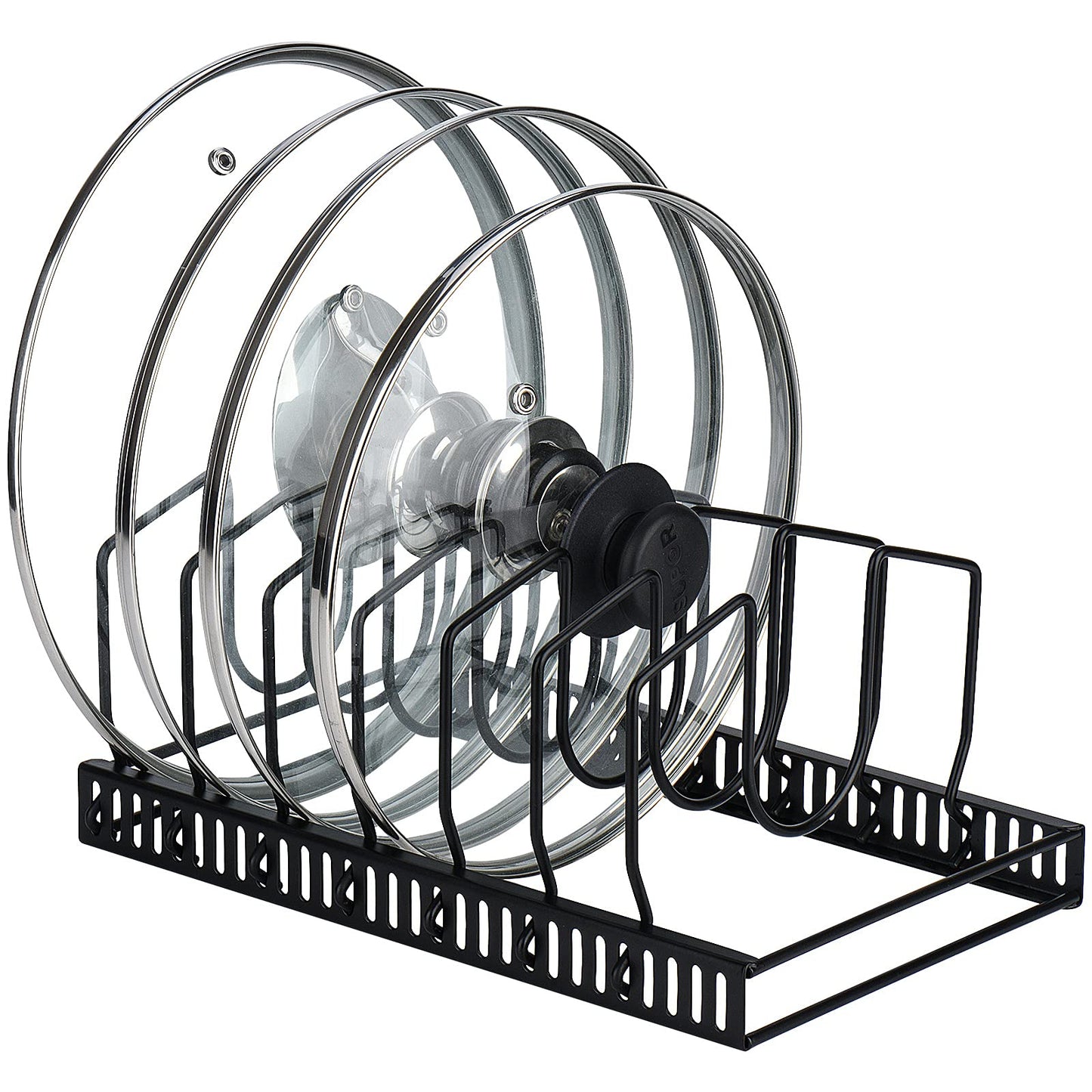Toplife Pots and Pans Organizer Rack for Cabinet and Countertop, 10+ Pot Lids, Bakeware and Cookware Organizer Rack Holder with 10 Adjustable Compartments - Brown