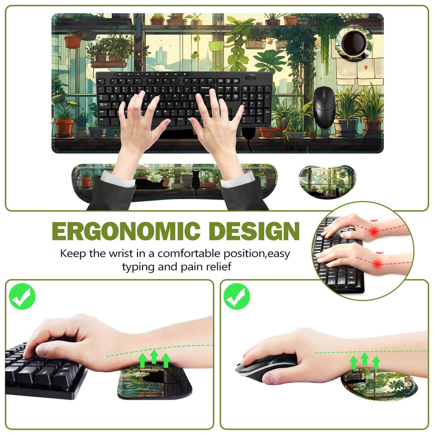 ToLuLu Extended Gaming Mouse Pad, Memory Foam Ergonomic Keyboard Mouse Wrist Rest Support Set, Large Desk Mat with Stitched Edges, Non-Slip Base Mousepad Home Office, Cute Green Japanese Kawaii Cat