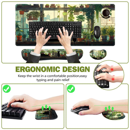 ToLuLu Extended Gaming Mouse Pad, Memory Foam Ergonomic Keyboard Mouse Wrist Rest Support Set, Large Desk Mat with Stitched Edges, Non-Slip Base Mousepad Home Office, Cute Green Japanese Kawaii Cat