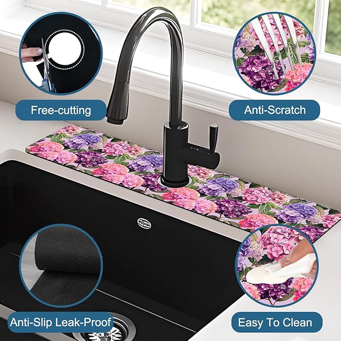 Colorful Hydrangea Kitchen Sink Splash Guard Faucet Mat Purple Pink Hydrangea