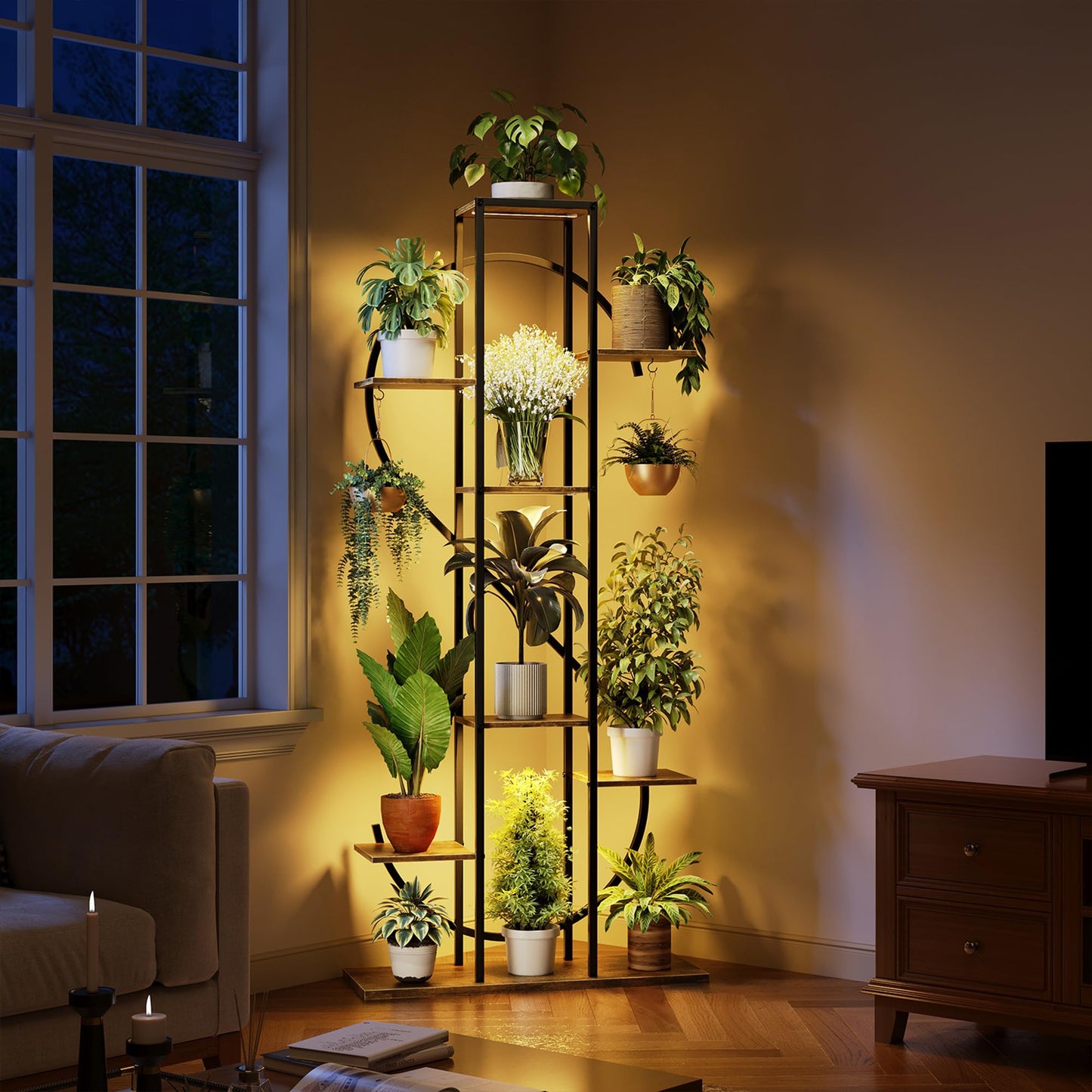 Plant Stand Indoor with Grow Lights - 62" Tall 8 Tier S-Shaped Corner Plant Shelf with 2 Hooks, Metal Flower Holder for Multiple Plants, Living Room Patio