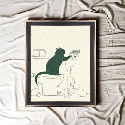 Framed Funny Cat Bathroom Wall Art Minimal Black Cat Toilet Paper Sketch Line Drawing Canvas Print Humorous Decor for Bathroom Guest Toilet Ready to Hang 12inx16in