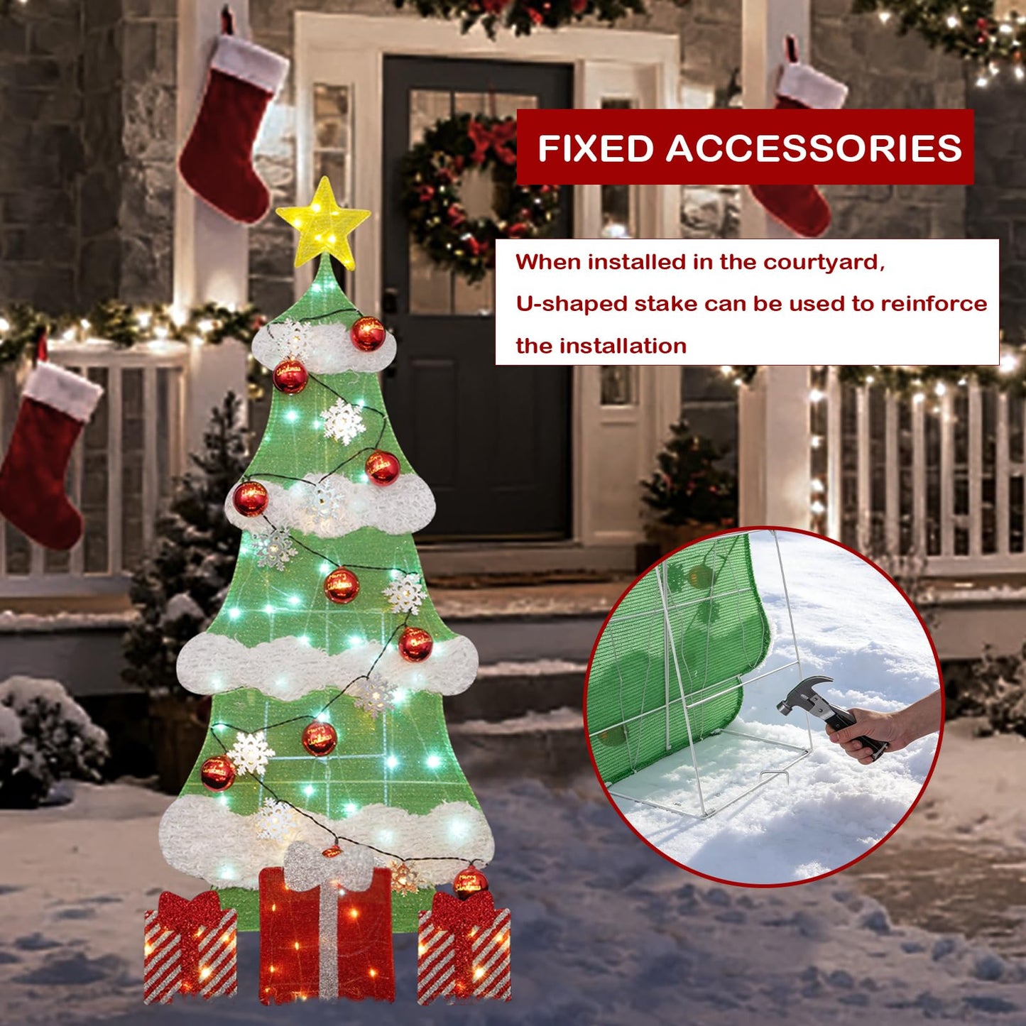 3ft 2D Christmas Tree Outdoor Decorations with 100 Twinkling LED Lights, 8 Light Modes, Large Holiday Yard Ornament for Patio, Lawn, Home（Sphere+Snowflake）