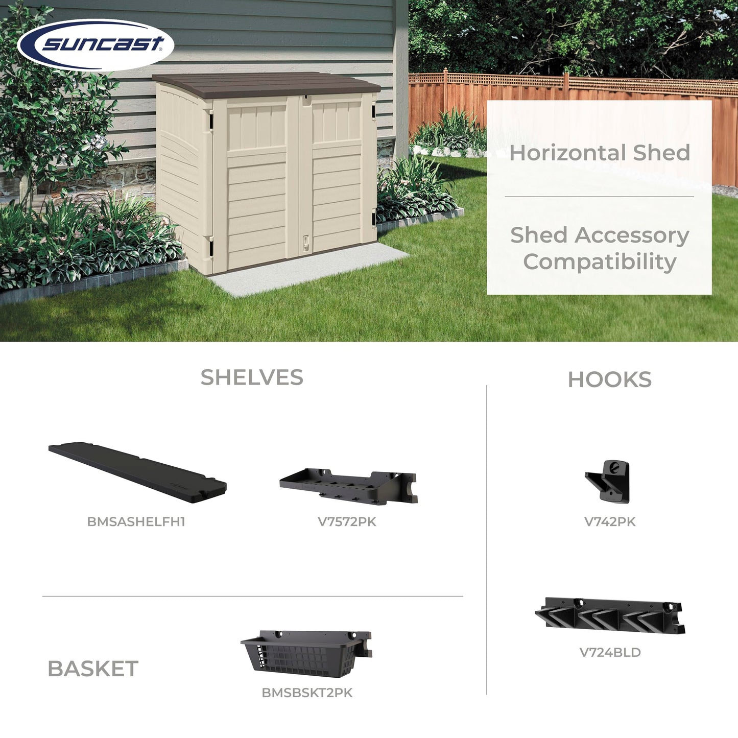 Suncast 34 Cu Ft Capacity Horizontal Outdoor Storage Shed for Garbage Cans, Garden Accessories, Backyard, and Patio Use, Vanilla