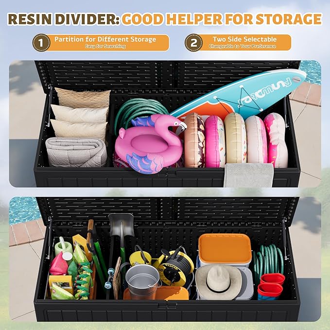 Flamaker Resin Deck Box 270 Gallon, Waterproof Imitation-Wood Lockable Storage Box with Separator Plate Outdoor Indoor, Garden, Patio Furniture for Tools&Pool Accessories (Black)