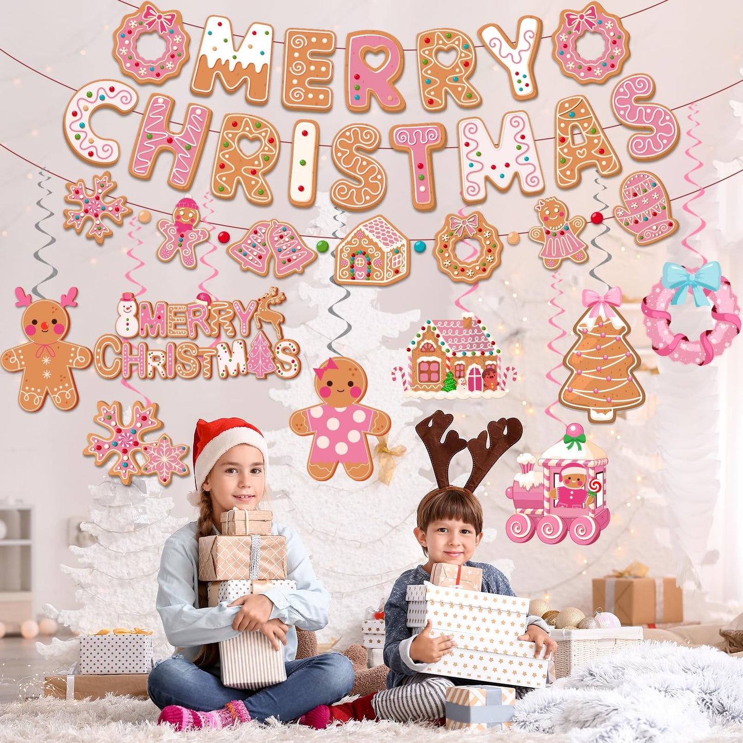 Pink Gingerbread Christmas Decorations, Pink Gingerbread Christmas Decor includes Merry Christmas Banner and Ginger bread Hanging Swirls, Gingerbread House Decorations for Merry Xmas Party Supplies