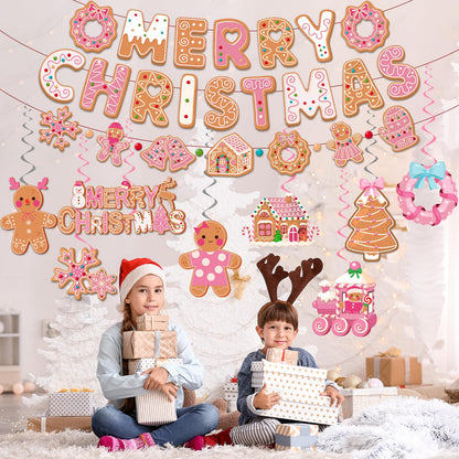 Pink Gingerbread Christmas Decorations, Pink Gingerbread Christmas Decor includes Merry Christmas Banner and Ginger bread Hanging Swirls, Gingerbread House Decorations for Merry Xmas Party Supplies
