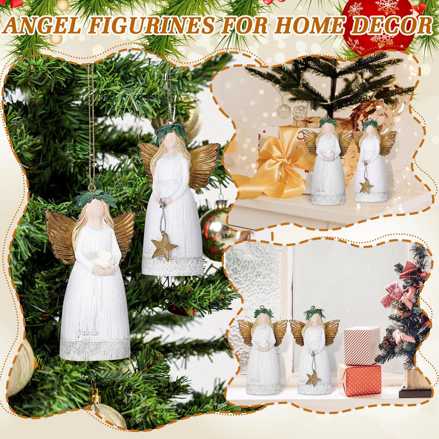 EnrichFun 2025 Figurines Christmas Decorations Resin Décor for Tree Hanging Ornament, Holiday Winter Indoor Home Table Decor Xmas Gifts, Angel 2-Pack, 3.8 in