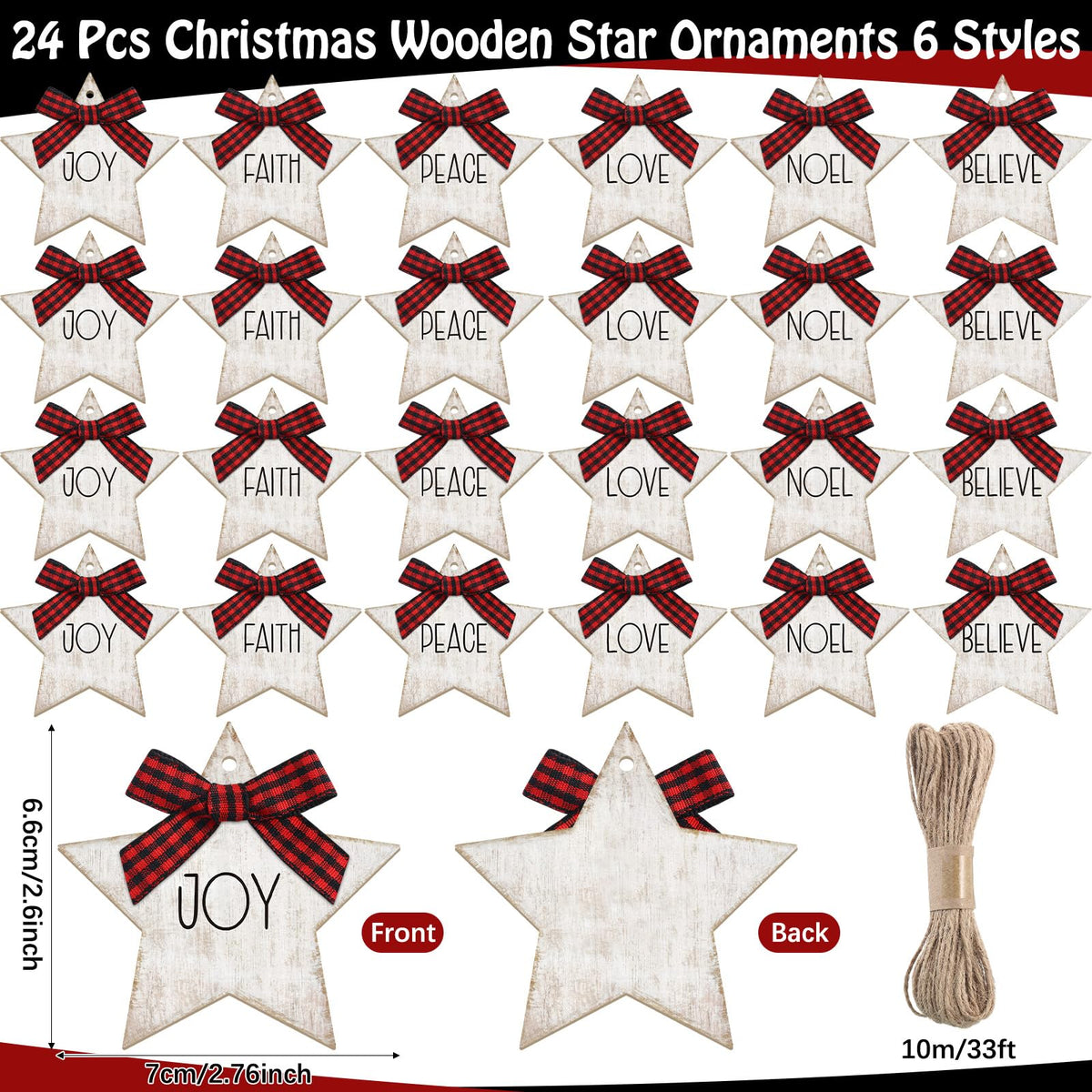 Vercraft 24 Pcs Christmas Star Ornaments Wooden Farmhouse Star Hanging Ornaments with Bows Wood Pendants for Xmas Tree Home Church Holiday Party Decoration