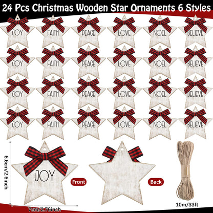 Vercraft 24 Pcs Christmas Star Ornaments Wooden Farmhouse Star Hanging Ornaments with Bows Wood Pendants for Xmas Tree Home Church Holiday Party Decoration