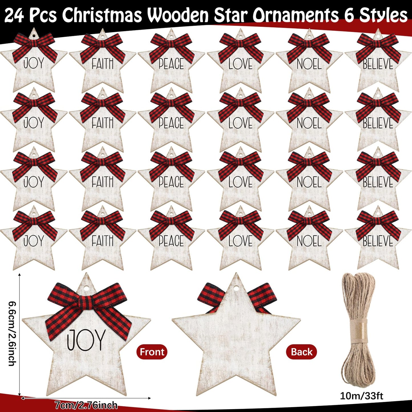 Vercraft 24 Pcs Christmas Star Ornaments Wooden Farmhouse Star Hanging Ornaments with Bows Wood Pendants for Xmas Tree Home Church Holiday Party Decoration
