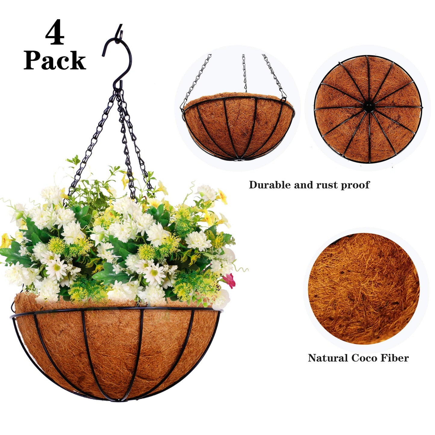 ArtFamy Hanging Planters Basket Outdoor Indoor(14 inch 4 Pack)-Coconut Coir Hanging Baskets for Plants Outdoor,Metal Wire Baskets with Coco Liner Window Box Planters, Hanging Flower Pots for Railings