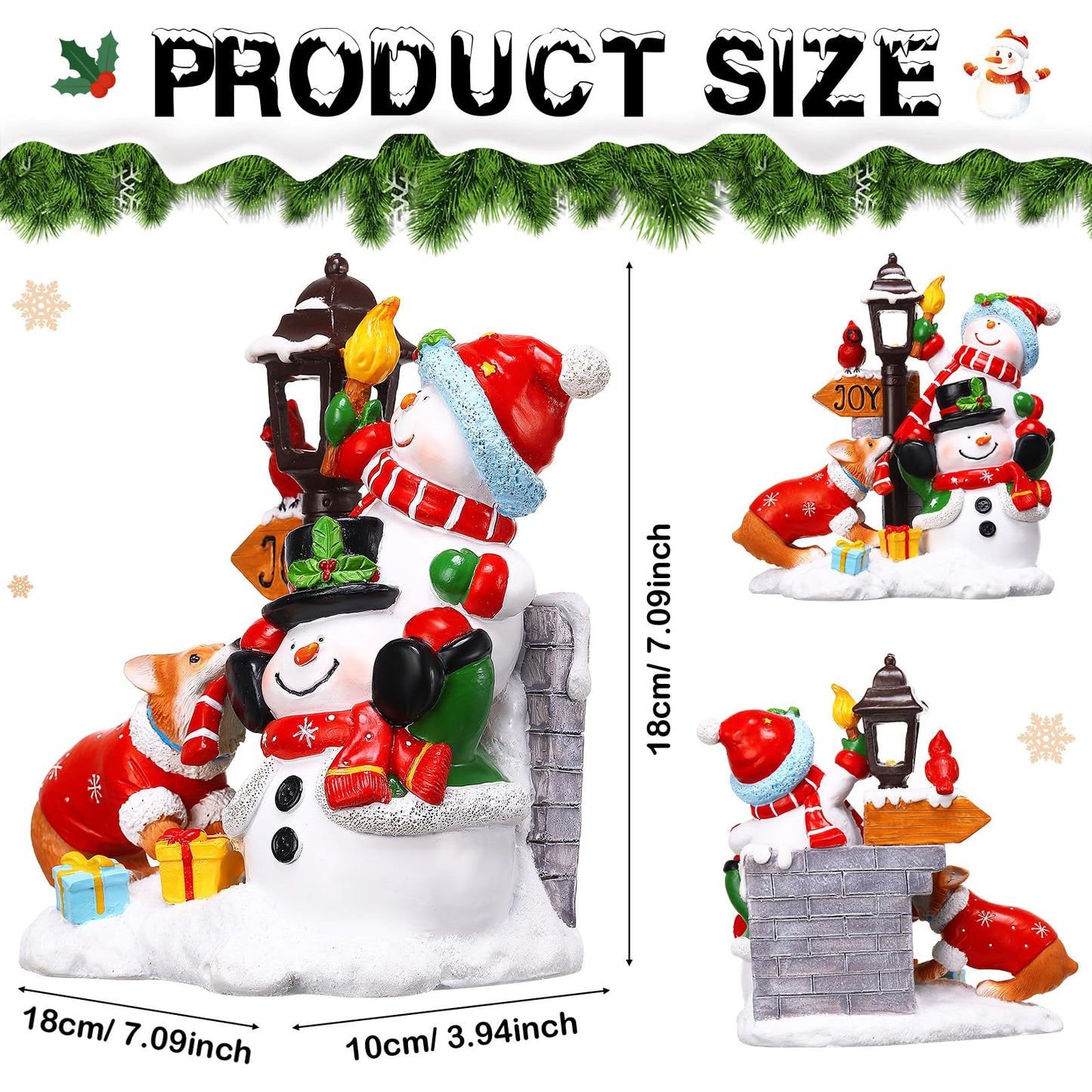Wonderjune Christmas Snowman Table Decoration Lighted Snowman Figurine with Lamppost Lantern Tabletop Resin Collectibles Batteries Operated Xmas Statues Centerpiece Festive Gift Indoor Home