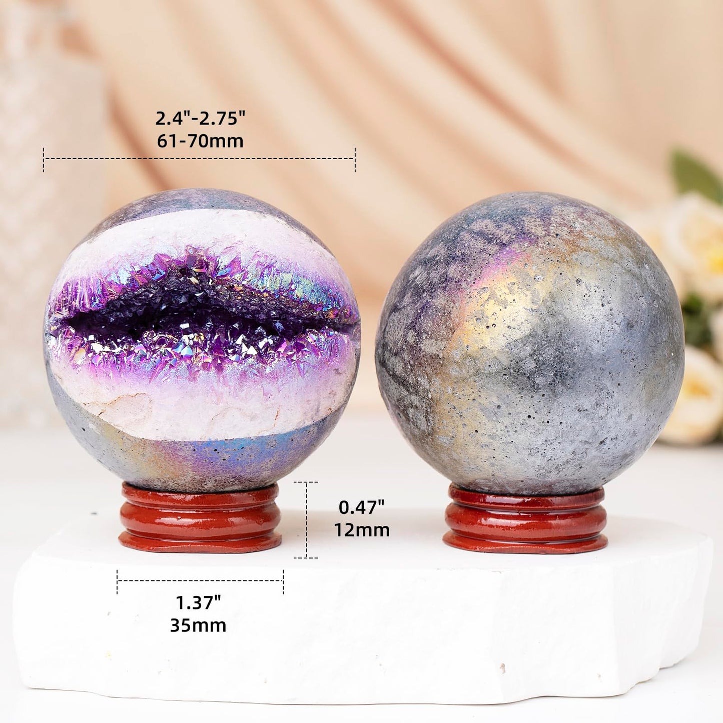 dssmboom Purple Titanium Coated Geode Stone Sphere with Wooden Stand for Home Decor, Rock Quartz Crystal Ball for Fengshui, Divination, Meditation, 61mm-70mm