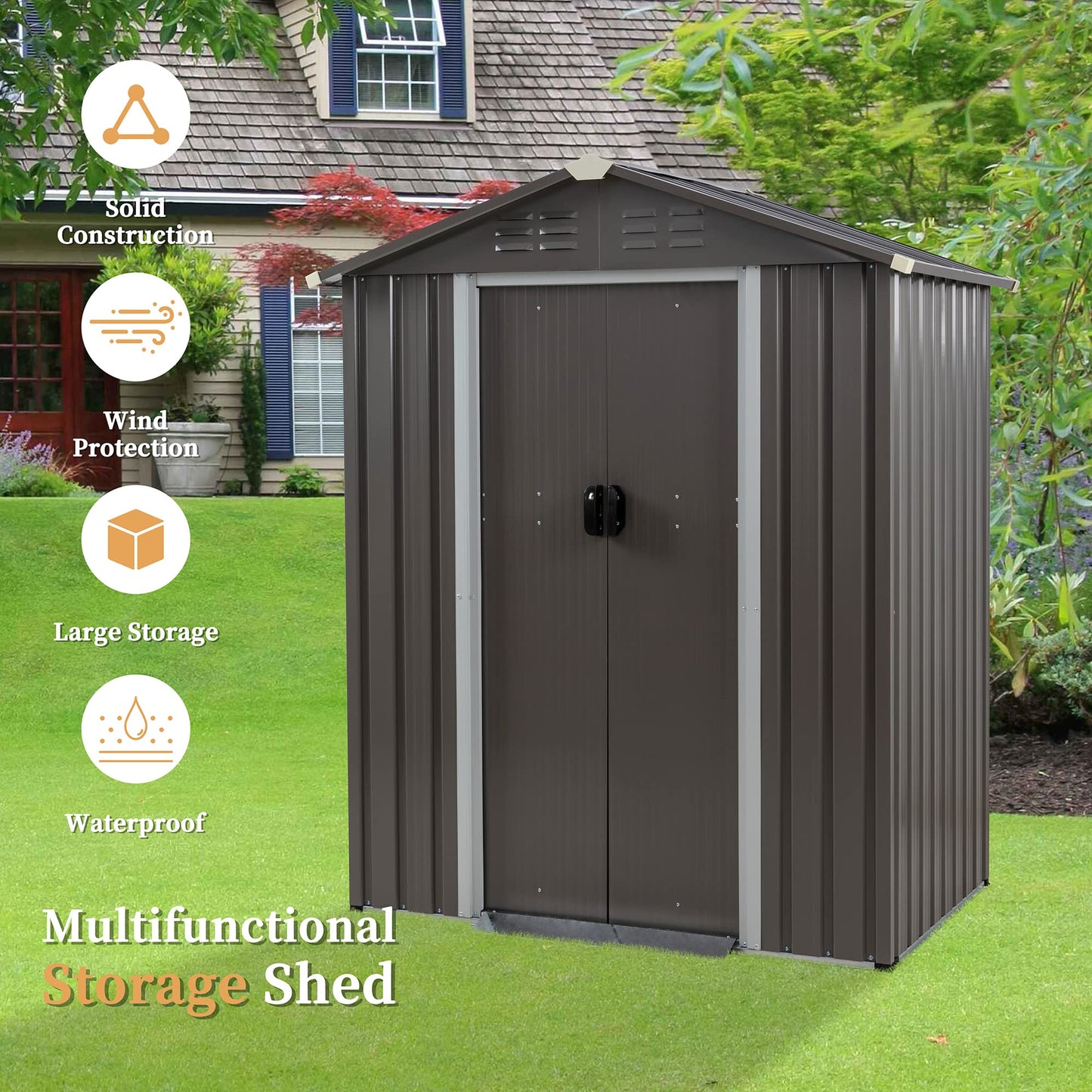 Vongrasig 5 x 3 x 6 FT Outdoor Storage Shed, Metal Tool Shed Clearance Garden Steel Shed with Side Window and Lockable Door Waterproof Tool Shed for Backyard Patio, Lawn (Gray)