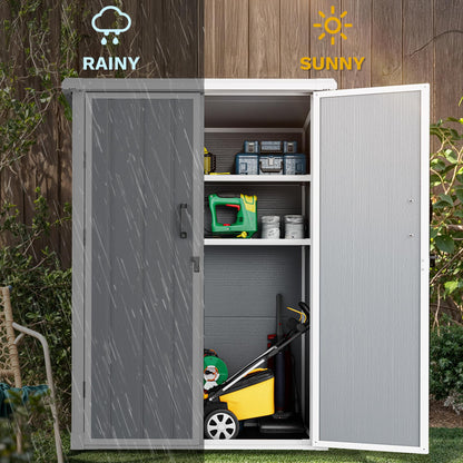 DWVO 5X3FT Outdoor Vertical Storage Shed with 2 Shelves, 60 Cu Ft Waterproof Resin Garden Shed with Floor & Lockable Door, Plastic Tall Tool Cabinet for Garbage Can, Lawn Garden Supplies, Gray