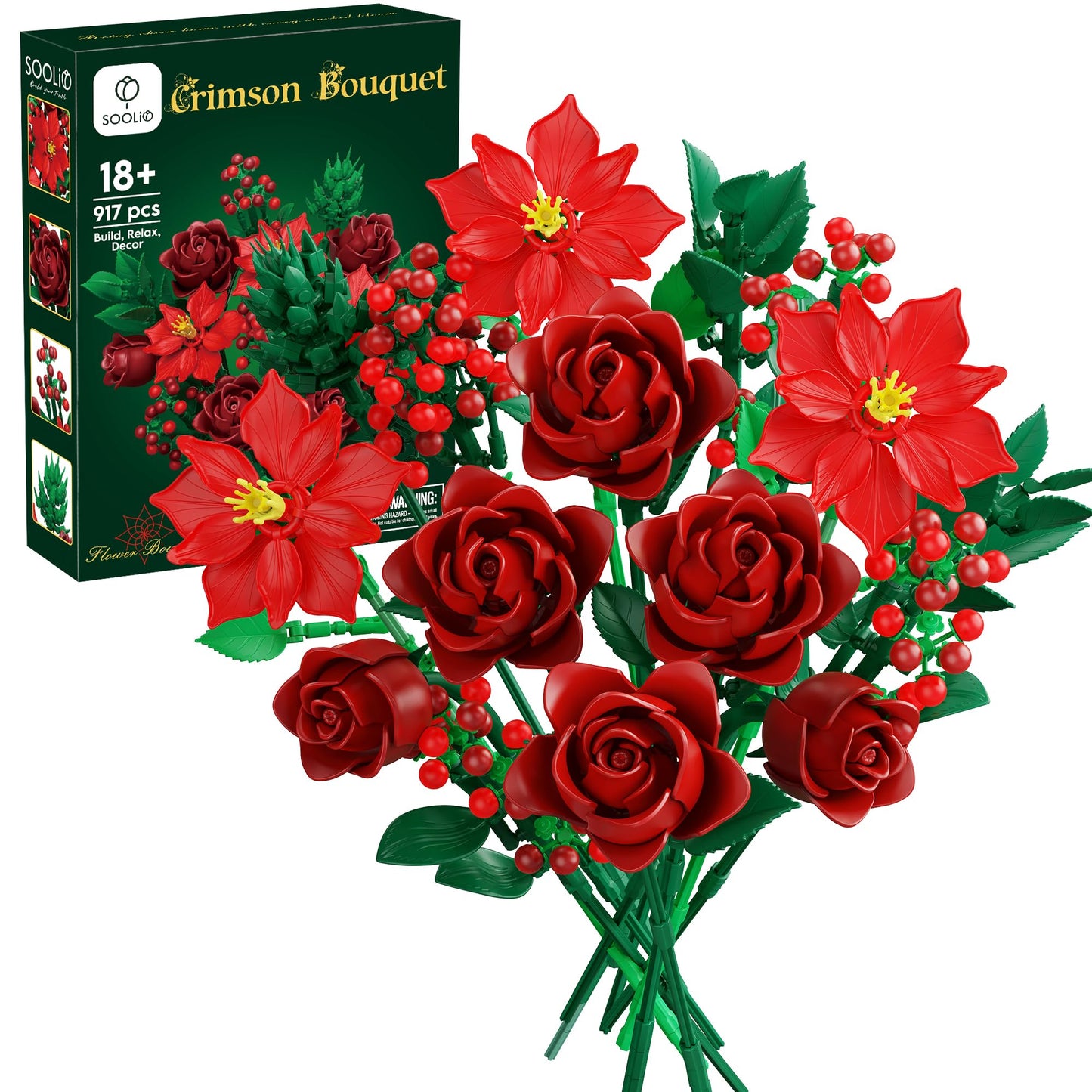 SOOLIO Mothers Day Rose Flower Bouquet Building Set for Adults, Gifts for Mom Wife Women Couple Girlfriend - Buildable Artificial Floral Botanical Decor for Table Centerpiece Desk Office(917 Pcs)