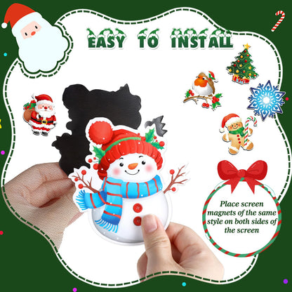 JSRQT 12 Pcs/6 Pairs Magnetic Screen Door Decals Winter Christmas Magnets Protector Double Sided Flexible Stickers Decorative for Patio Sliding Pets Fridge Refrigerator Window Snowflake Bird Snowman