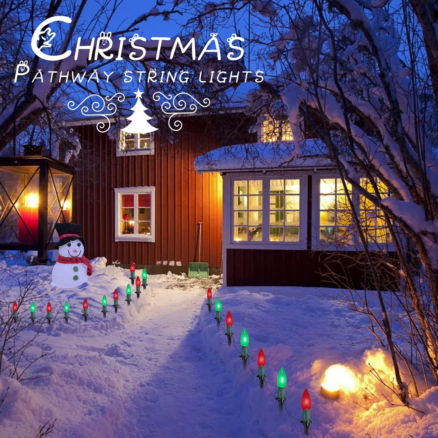 C9 LED Christmas Lights Outdoor with stakes, 25.7ft 20 LED Strawberry String Lights, Connectable Shatterproof Pathway Lights Marker for Path, Lane, Patio, Xmas Holiday Decorations, Red and Green