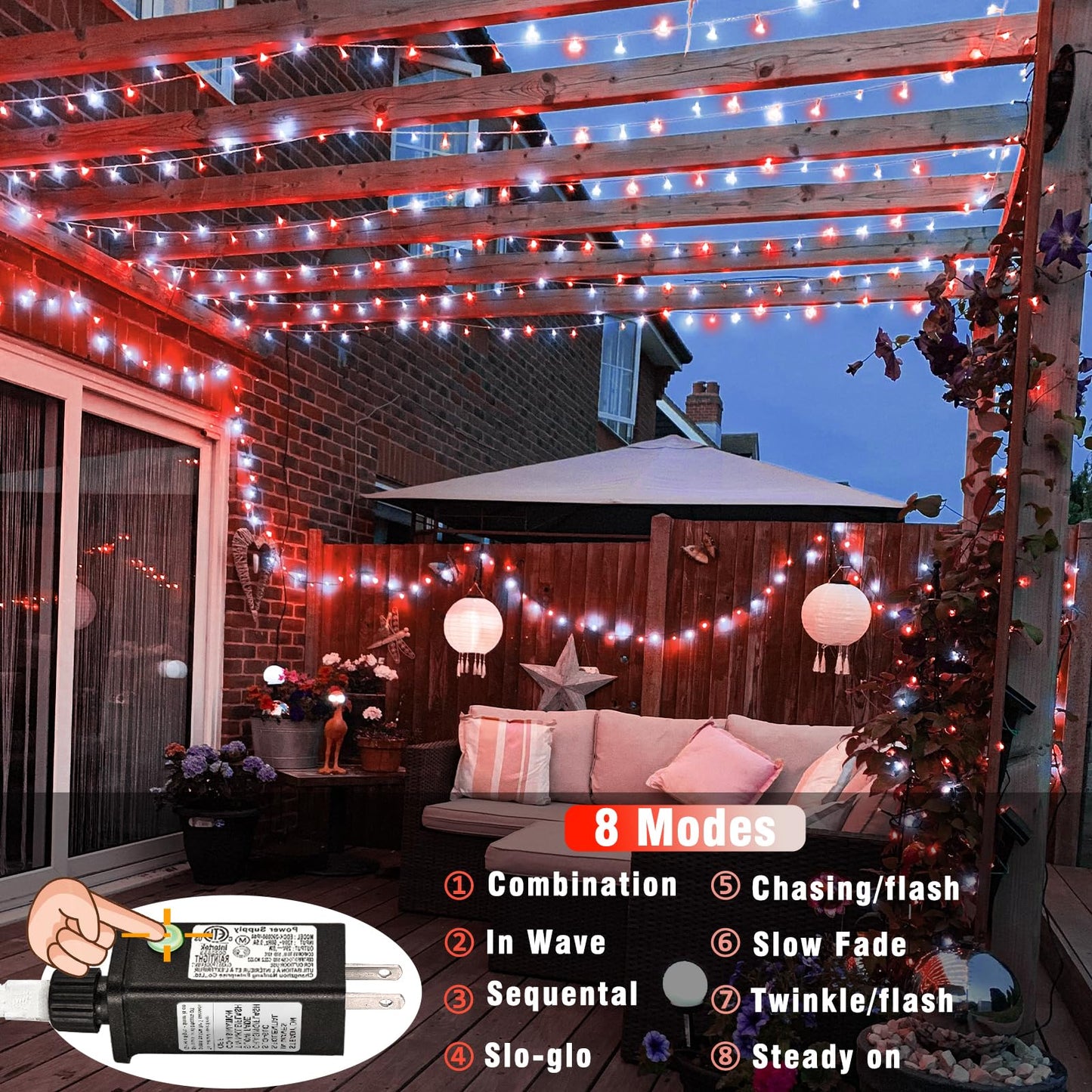 300 LED Christmas Lights Outdoor -100ft Extra Long Christmas String Lights 8 Modes Plug in Waterproof Fairy Lights with Timer Memory for Indoor Outside Bedroom Home Party Decoration, Red&White