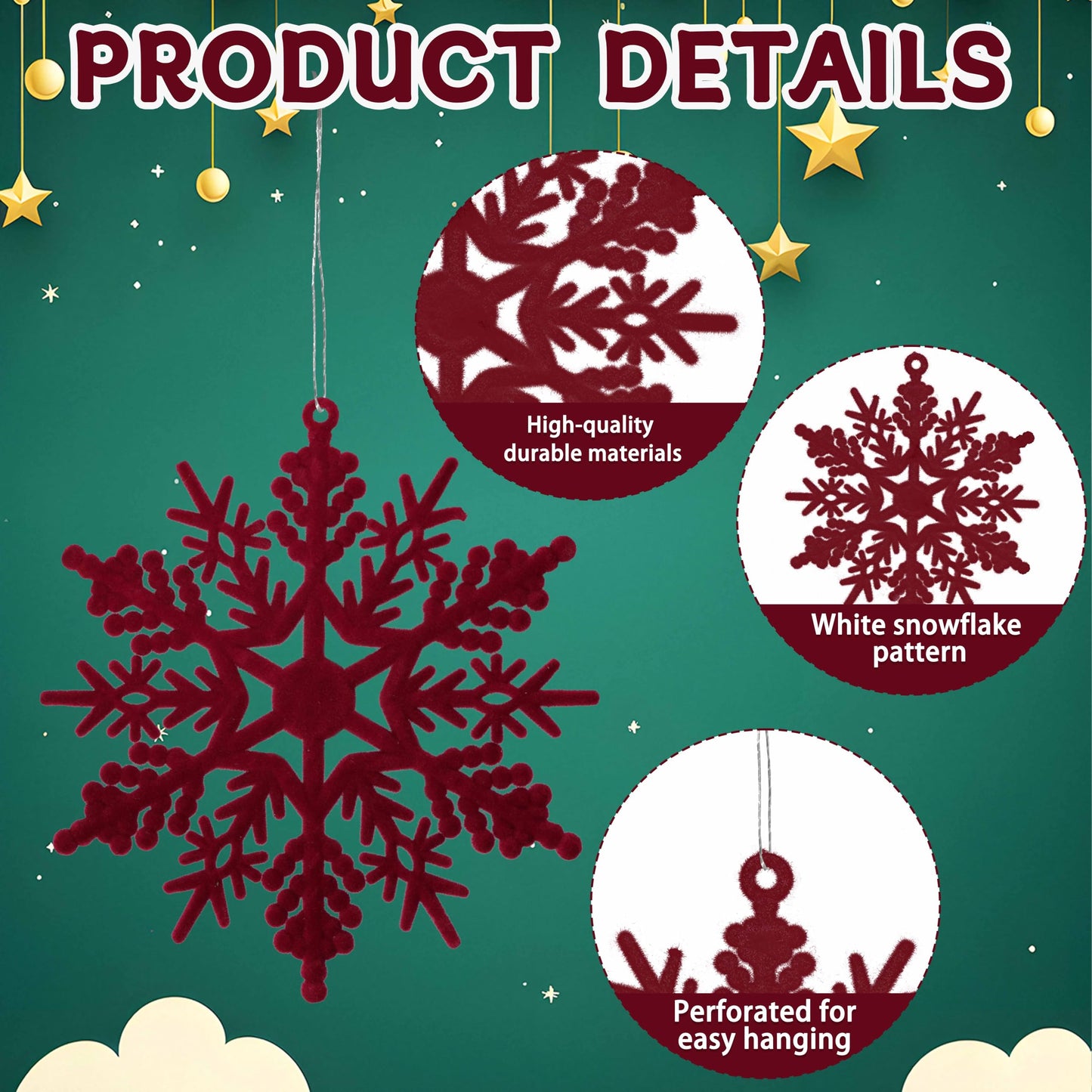 36pcs Wine Red Flocked Christmas Snowflake Ornaments, Hanging Velvet Snow Flakes for Christmas Tree Decorations Winter Wonderland Frozen Birthday Party Holiday Home Decor Craft Snowflakes