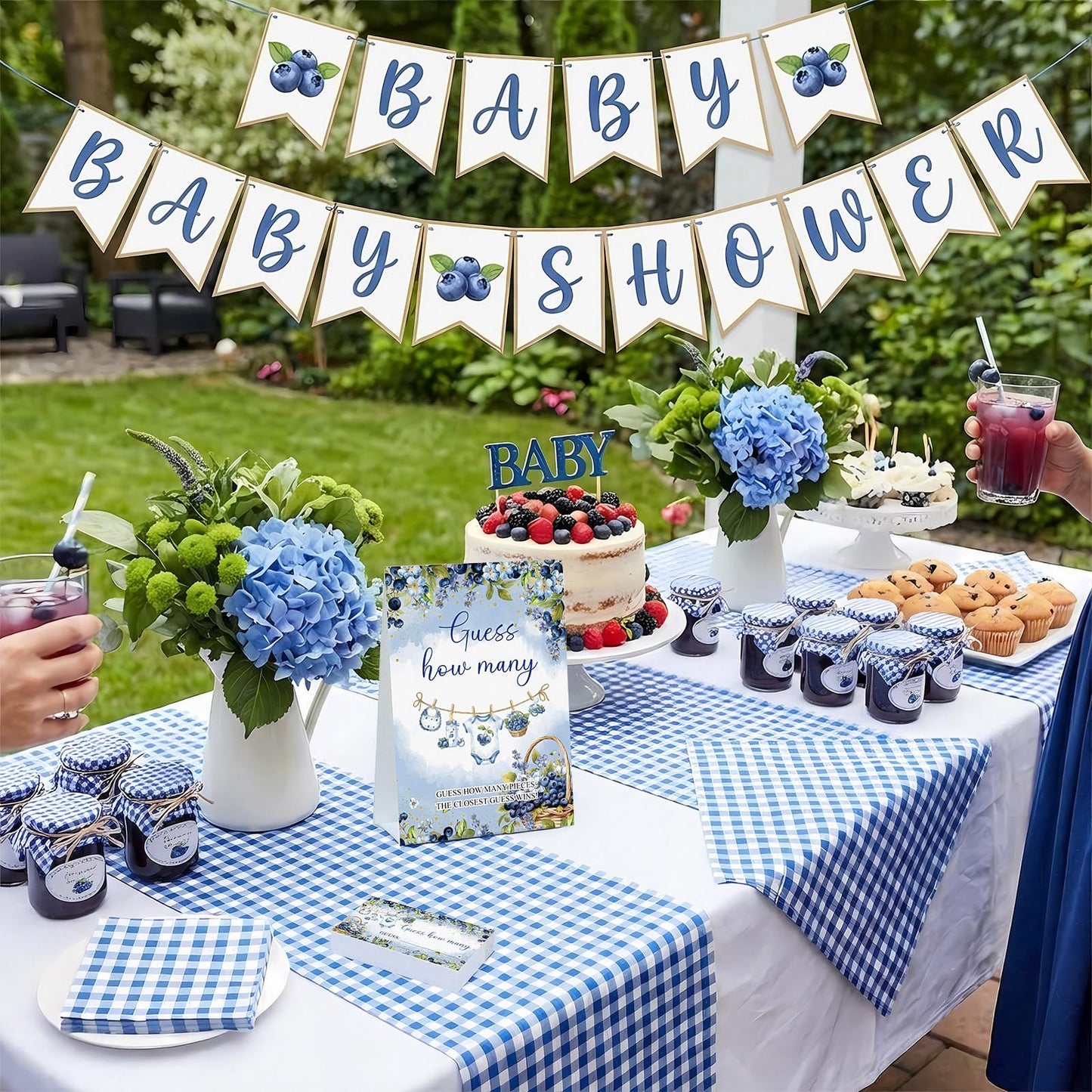 Lerheedi Blueberry Guess How Many Baby Shower Game Pack of 1 Tabletop Sign with Stand and 50 How Many Cards, a Berry Sweet Baby Is on the Way Gender Reveal Party Game Decoration