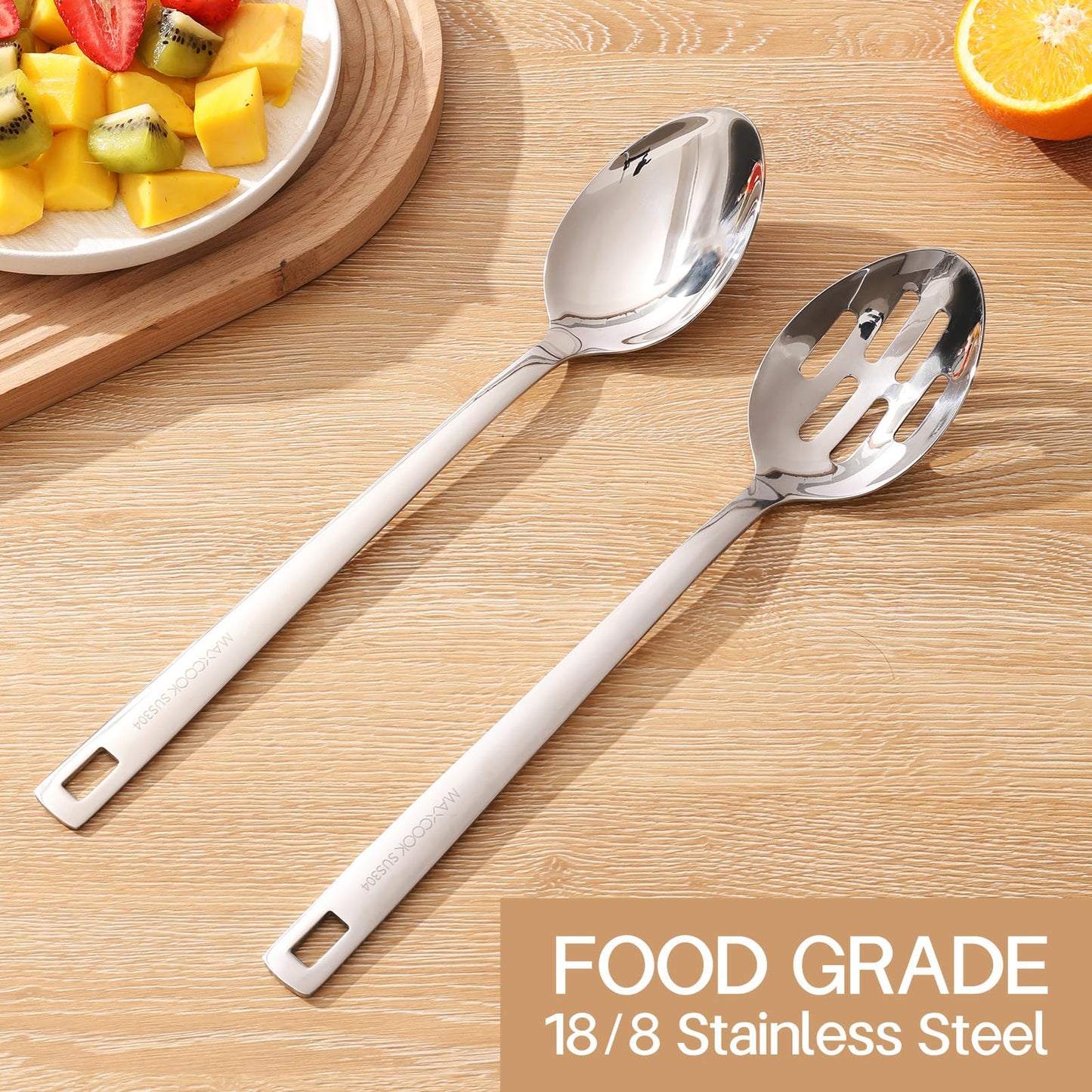 MAXCOOK 18/8 Stainless Steel Cooking Spoons Set - 2-Piece Solid Slotted Serving Spoon Cooking Utensils set for Pasta, Veggies, Salads (Dishwasher-Safe)