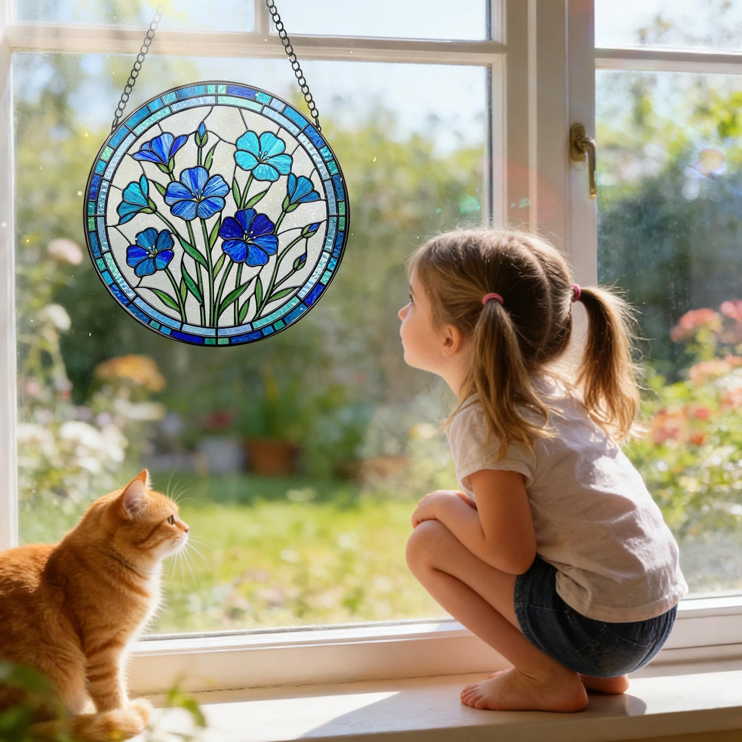Stained Glass Window Hanging, 7.8 Inch Blue Flower Suncatcher, Blue Botanical Window Decor, Stained Glass Ornaments for Windows, Doors & Home Decor, Mother's Day Birthday Gift for Mom, Garden Lovers
