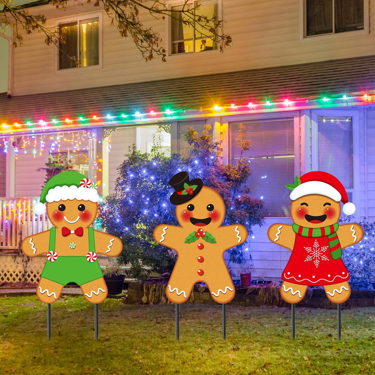 Drydiet 3 Pack Metal Christmas Yard Signs Decor Xmas Yard Stakes Outdoor with Stakes for Holiday Outdoor Garden Lawn Pathway Decoration(Gingerbread Man)