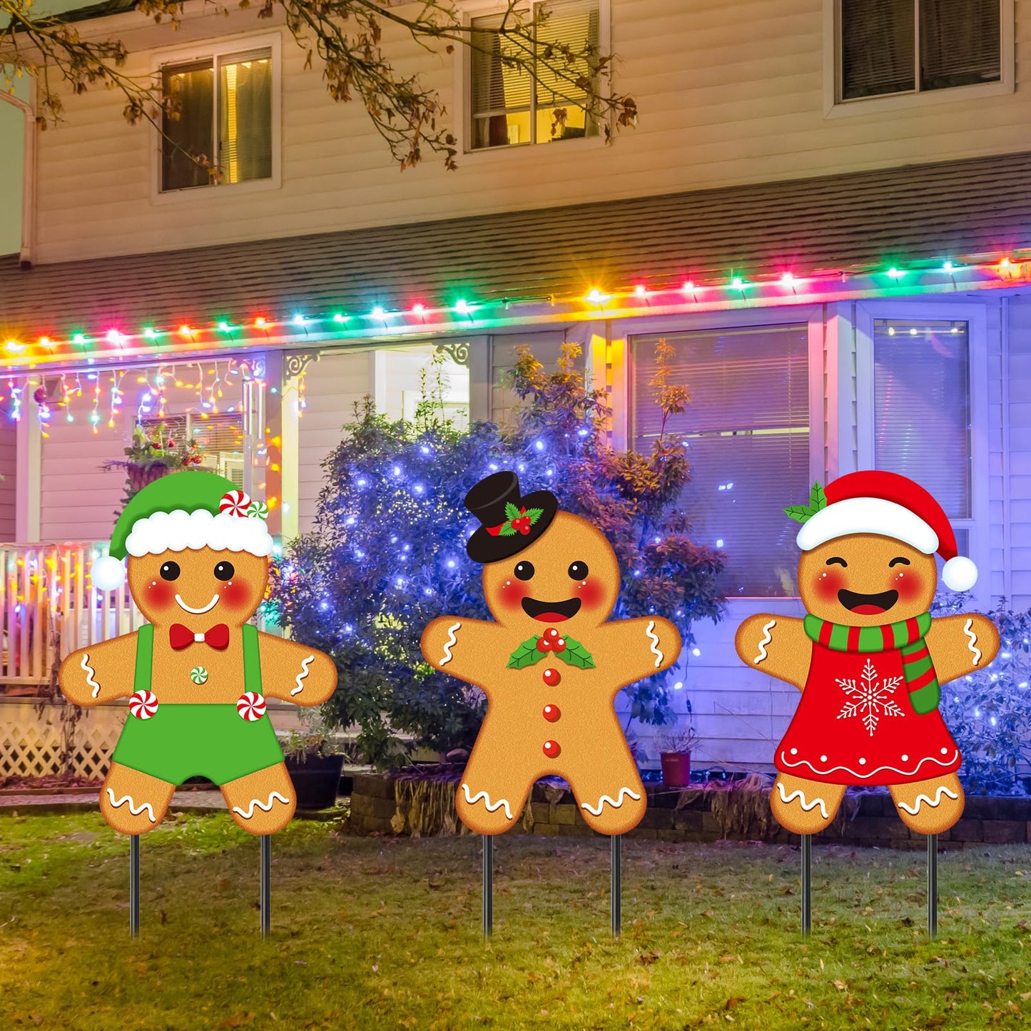 Drydiet 3 Pack Metal Christmas Yard Signs Decor Xmas Yard Stakes Outdoor with Stakes for Holiday Outdoor Garden Lawn Pathway Decoration(Gingerbread Man)