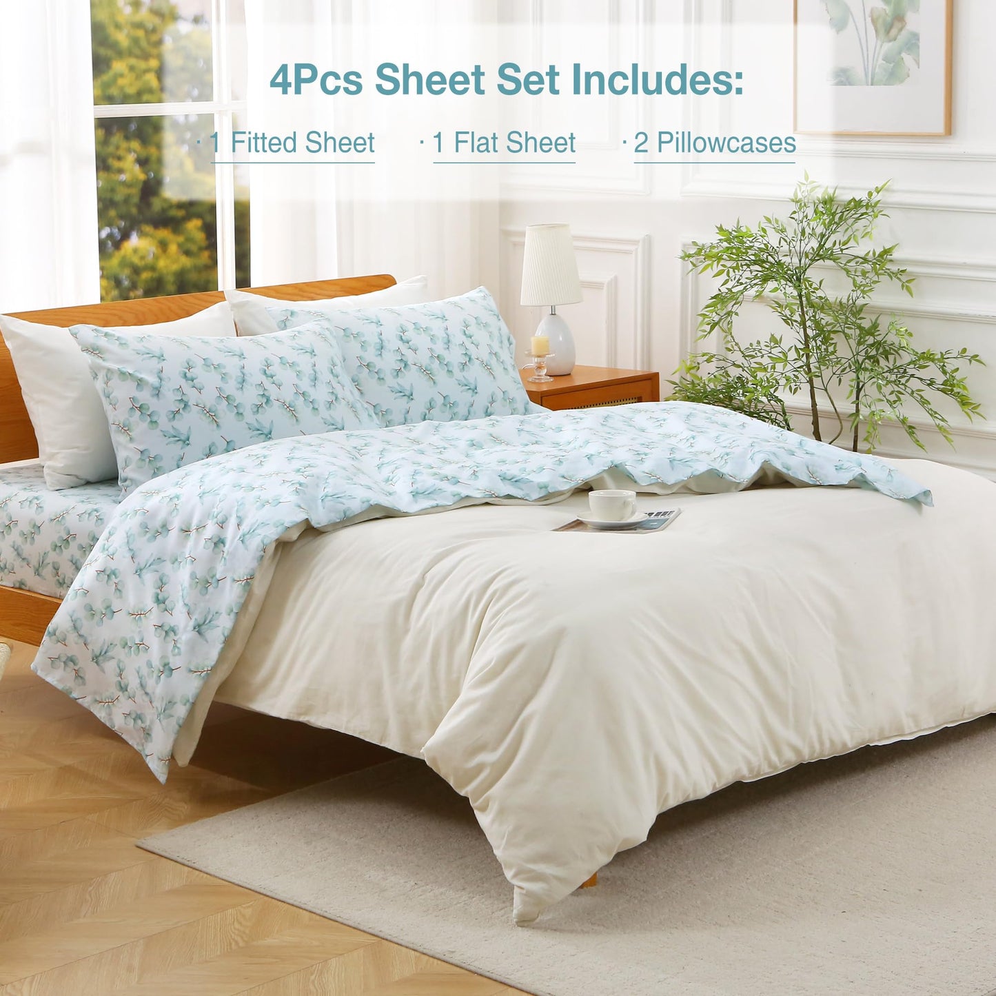 Viviland Full Bed Sheet Set - 4 Piece Double Brushed Microfiber Bedding - Deep Pocket Up to 15", Ultra Soft, Breathable & Wrinkle Resistant Skin-Friendly Cooling Sheets for Adult - Eucalyptus Dew(F)