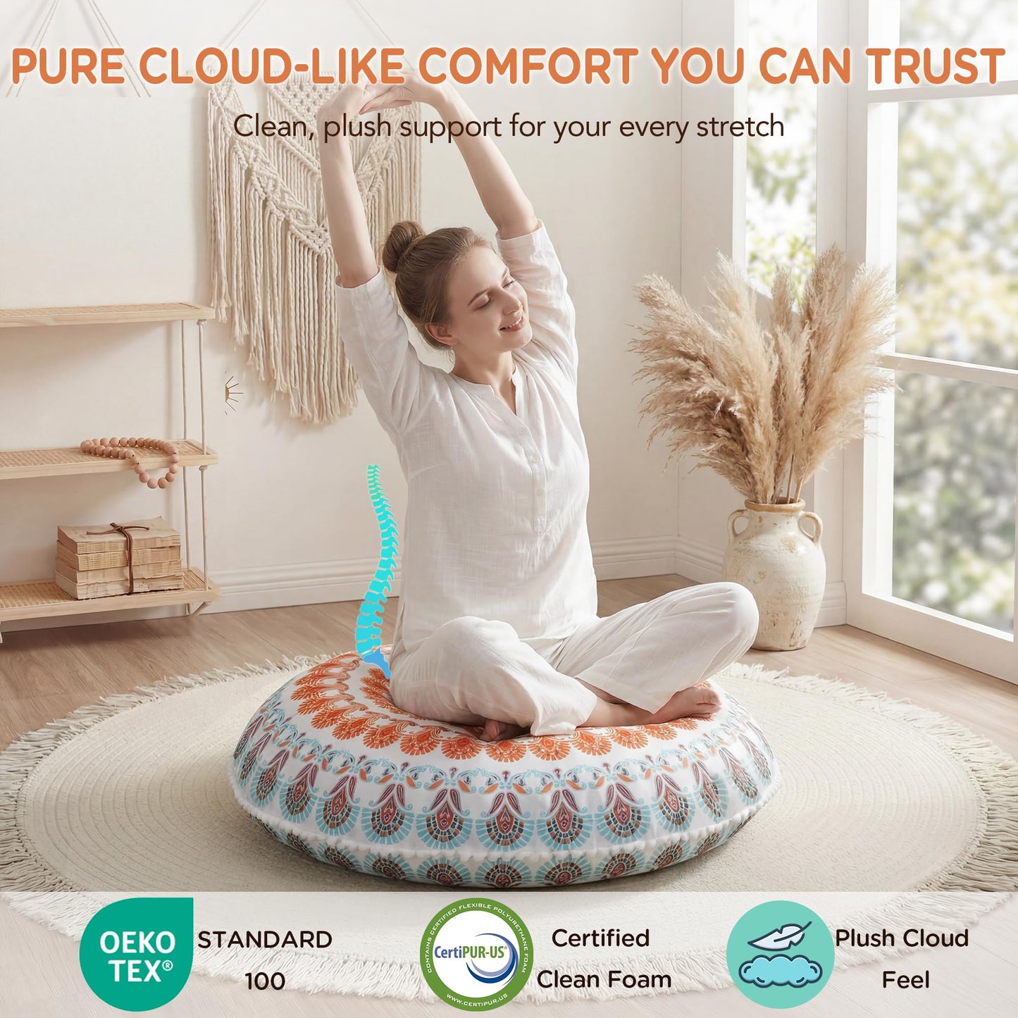 Codi Floor Pillows for Adults & Teens Set of 2, Large Boho Meditation Cushions with Memory Foam, Round Mandala Seating for Yoga, Home Office, Dorm Room, Washable, 32 Inch, Coral