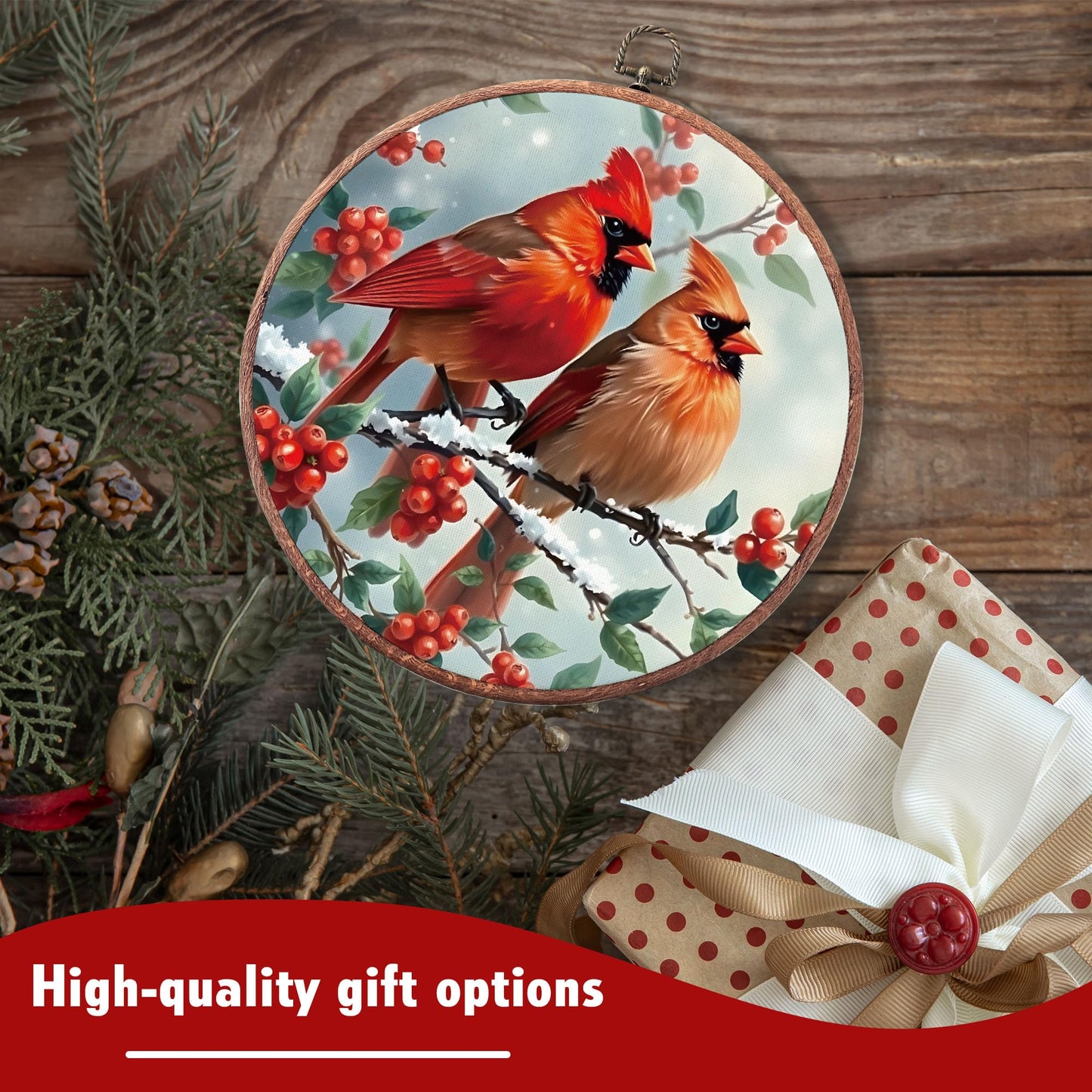 Round Winter Cardinals Framed Canvas Wall Art Decor, 10x10 Inches Christmas Canvas Wall Artwork, Christmas Embroidery Kit Decor for Home Office, Xmas Gift Ideas for Family Friends-A03