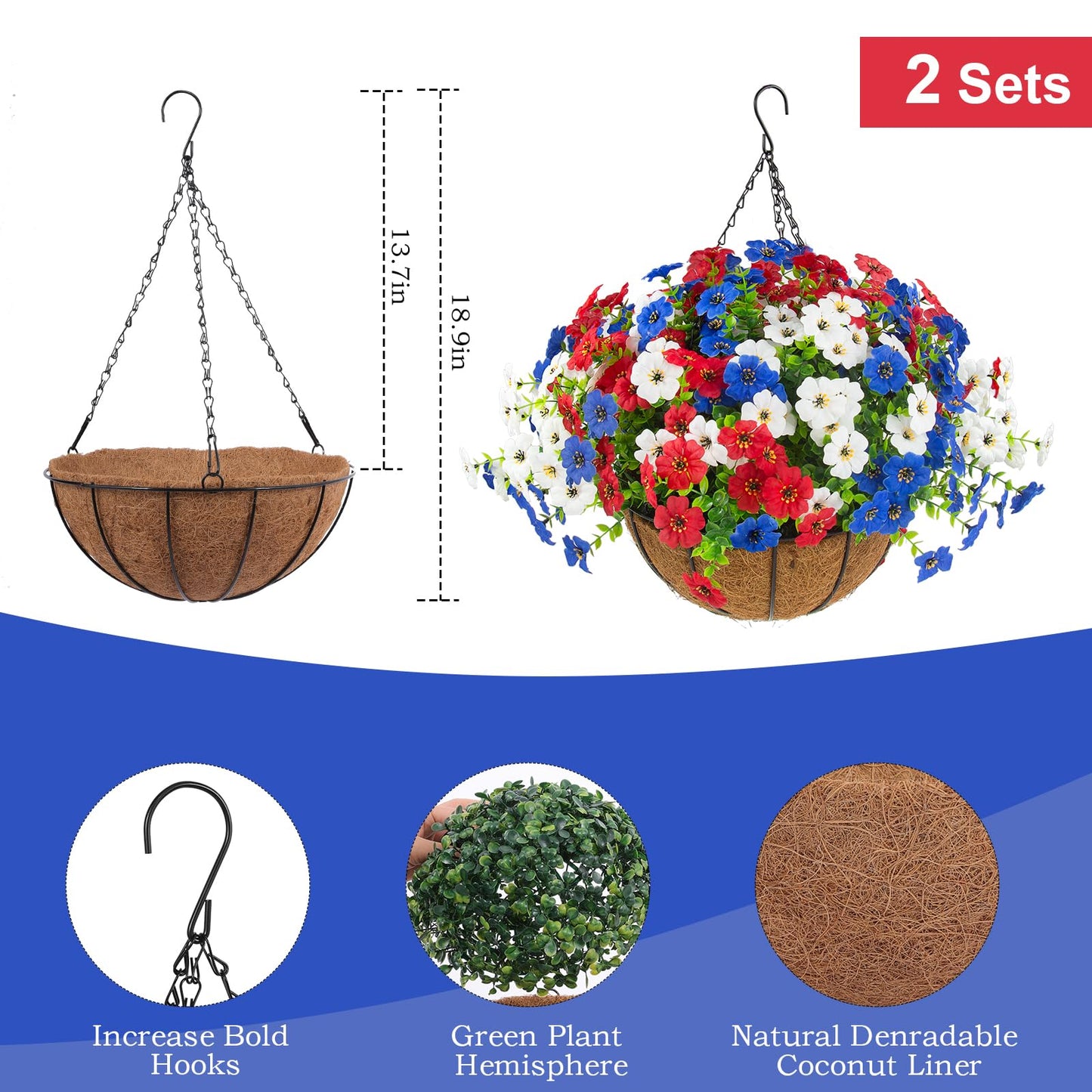 Hananona 2 Set Artificial Outdoor Flowers with Hanging Basket, 2 Hanging Planters with 24 Pcs Patriotic Flowers for Summer Front Porch Patio 4th of July Decor (Red, White, Blue)