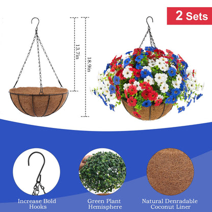 Hananona 2 Set Artificial Outdoor Flowers with Hanging Basket, 2 Hanging Planters with 24 Pcs Patriotic Flowers for Summer Front Porch Patio 4th of July Decor (Red, White, Blue)