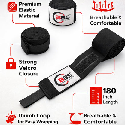 Busy Bee Sports Boxing Hand Wraps 180" – Elastic Cotton MMA, Muay Thai & Kickboxing Wraps – Thumb Loop & Hook & Loop Closure – Wrist & Knuckle Support (Pair)