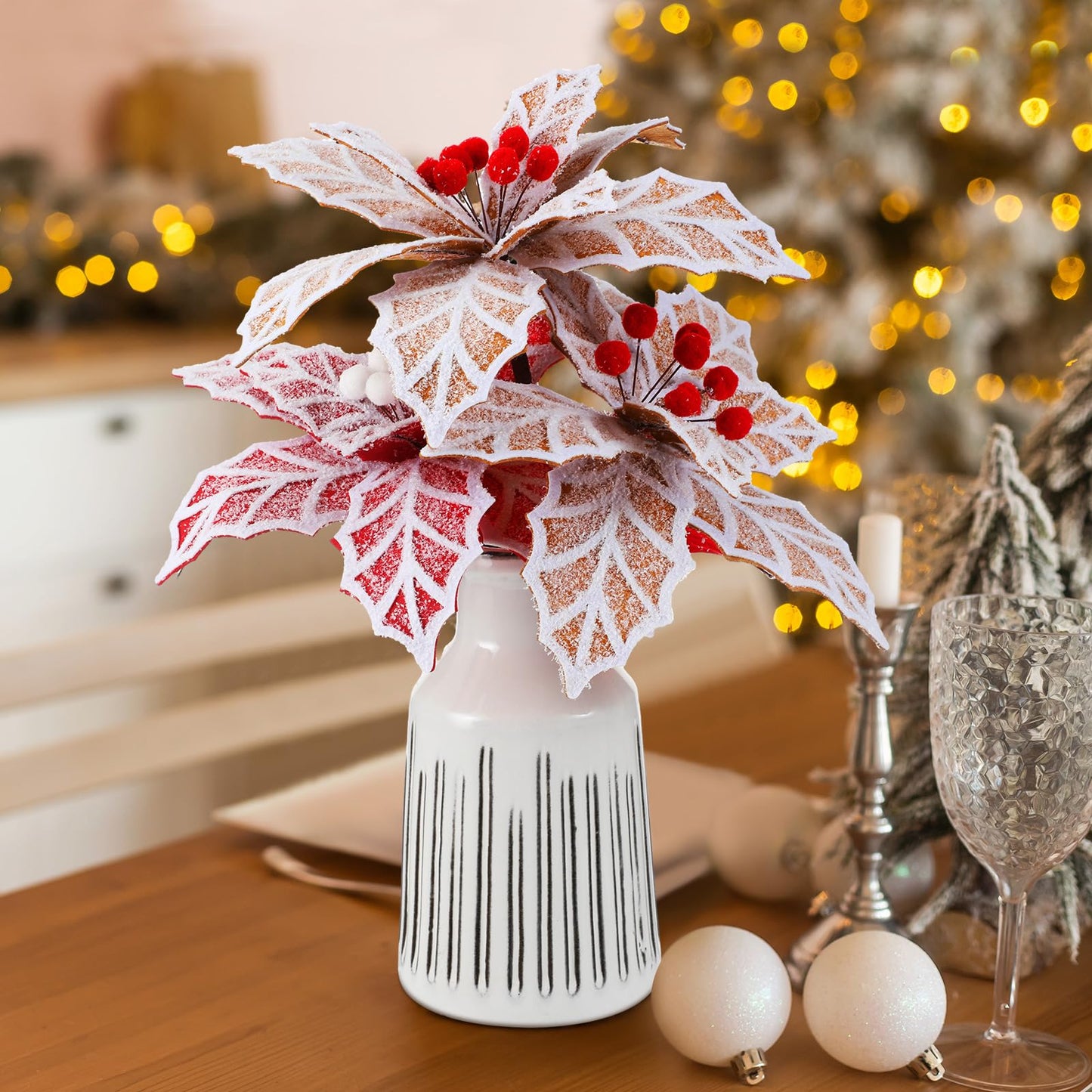 Daifunli 6 Pcs Large Christmas Gingerbread Poinsettia Flowers Tree Picks with Berries 10.6 Inches Christmas Tree Ornaments for Xmas Home Vase Decor(Gold and Red)