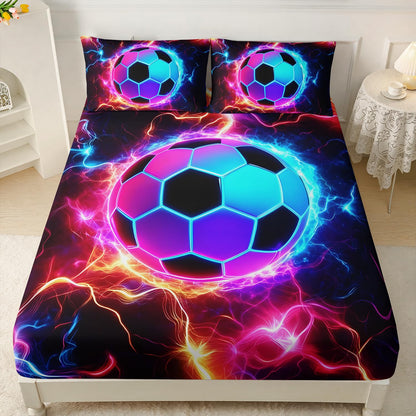 HOSIMA Soccer Fitted Sheet Full for Kids,Football Wrapped in Lightning Print Sports Bedding for Boys Room Decor,Neon Lightning Pattern Soccer Bedding,1 Fitted Sheet+2 Pillowcases.